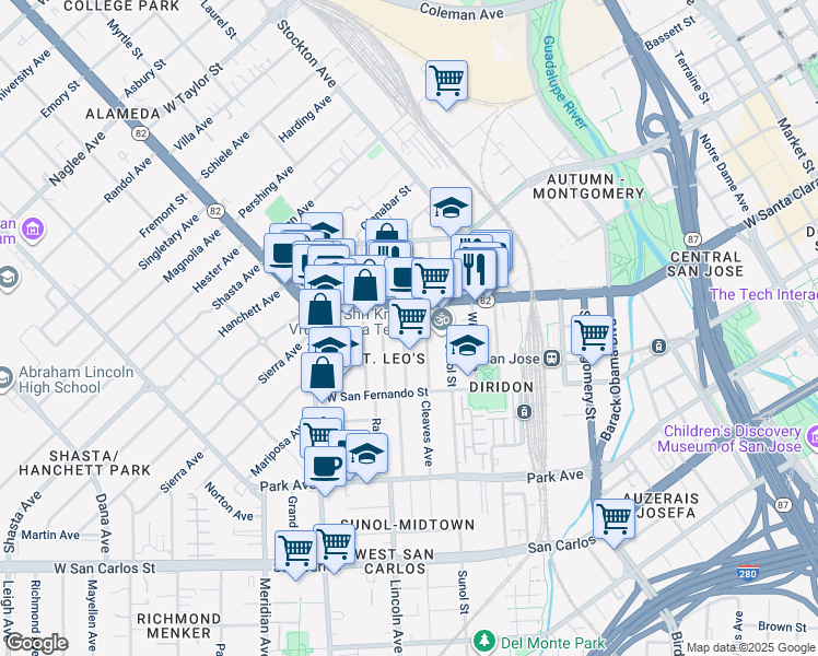 map of restaurants, bars, coffee shops, grocery stores, and more near 32 South Morrison Avenue in San Jose