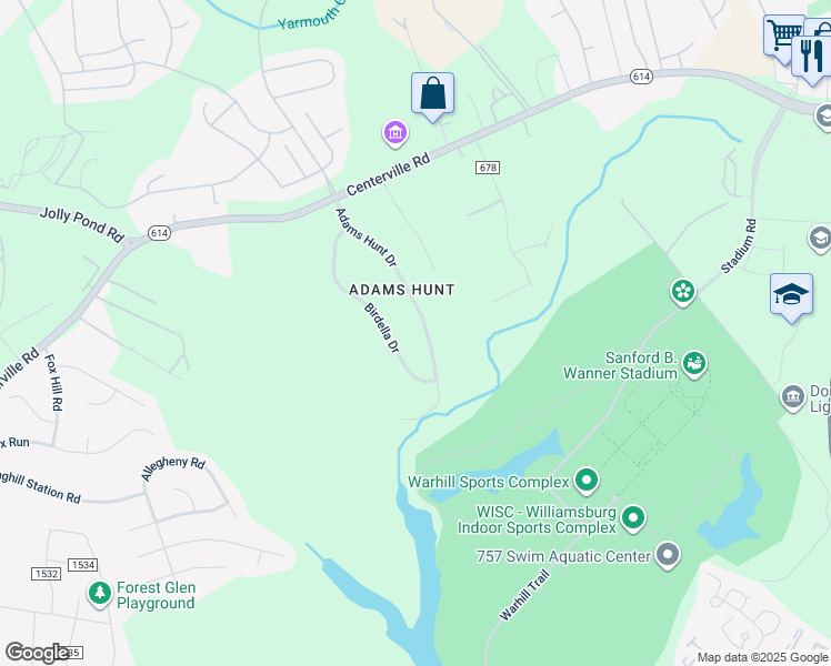 map of restaurants, bars, coffee shops, grocery stores, and more near 6264 Adams Hunt Drive in Williamsburg