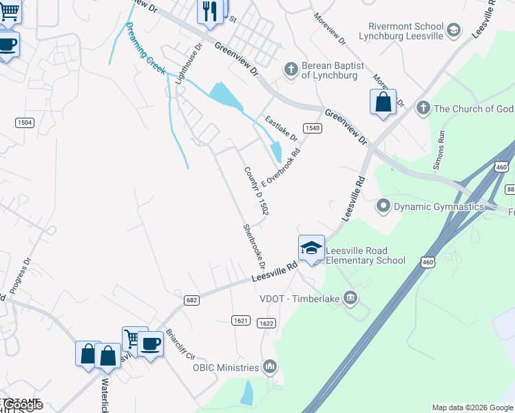 map of restaurants, bars, coffee shops, grocery stores, and more near 209 Sherbrooke Drive in Lynchburg
