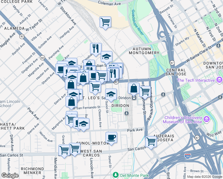 map of restaurants, bars, coffee shops, grocery stores, and more near 46 Sunol Street in San Jose