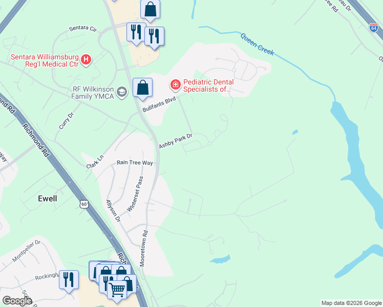 map of restaurants, bars, coffee shops, grocery stores, and more near 200 Ashby Park Drive in Williamsburg