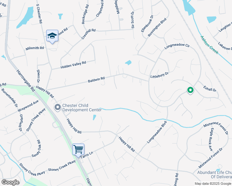 map of restaurants, bars, coffee shops, grocery stores, and more near 3825 Baldwin Road in Chester