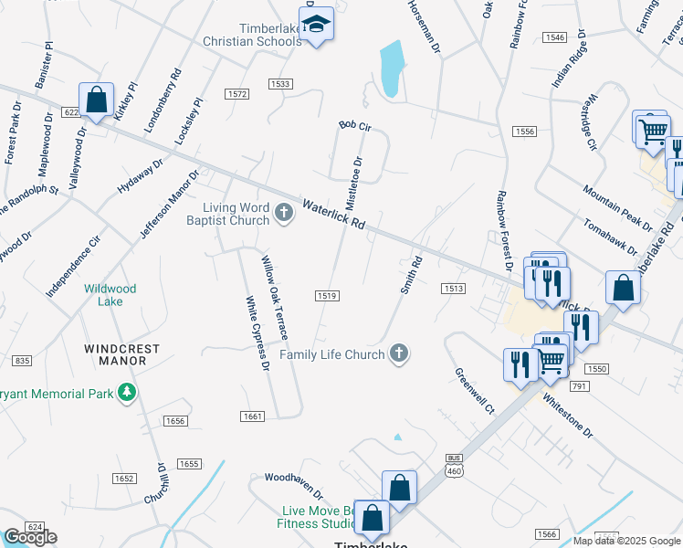 map of restaurants, bars, coffee shops, grocery stores, and more near 120 Barbour Drive in Forest