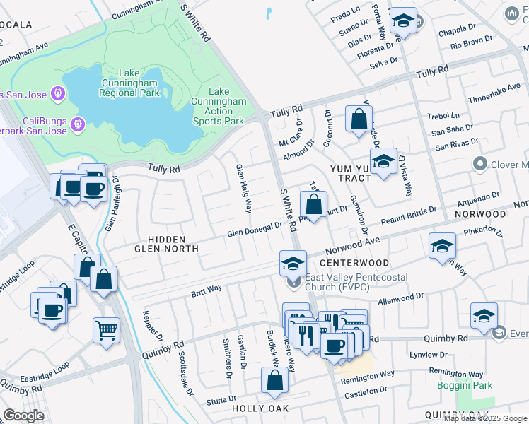 map of restaurants, bars, coffee shops, grocery stores, and more near 2597 Glen Hedge Court in San Jose