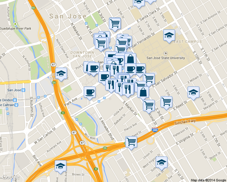 map of restaurants, bars, coffee shops, grocery stores, and more near 211 W San Carlos St in San Jose