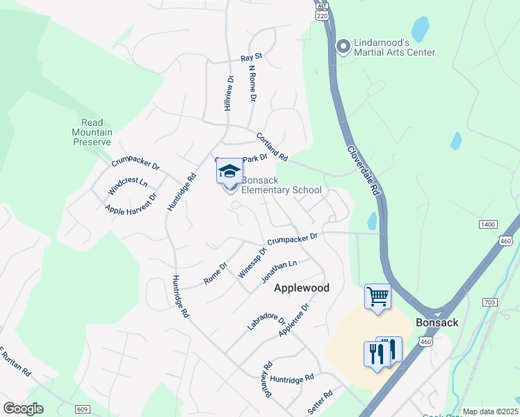 map of restaurants, bars, coffee shops, grocery stores, and more near 5452 Orchard Villas Circle in Roanoke