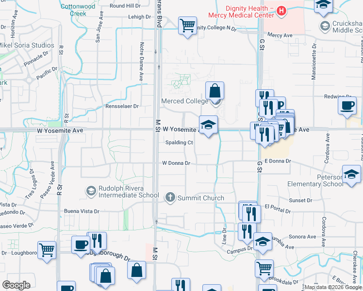 map of restaurants, bars, coffee shops, grocery stores, and more near 3516 Wathen Avenue in Merced