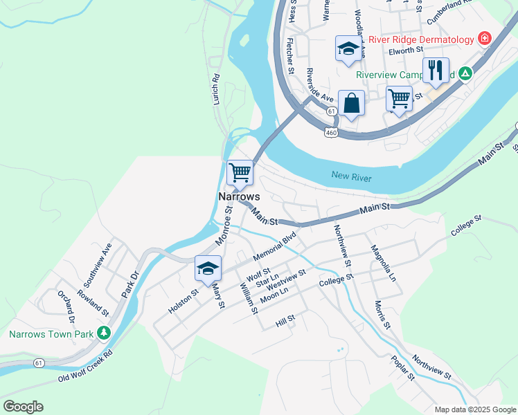 map of restaurants, bars, coffee shops, grocery stores, and more near 333 Main Street in Narrows