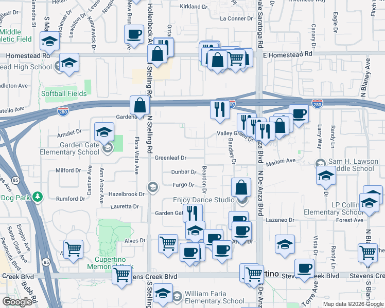 map of restaurants, bars, coffee shops, grocery stores, and more near 20805 Greenleaf Drive in Cupertino