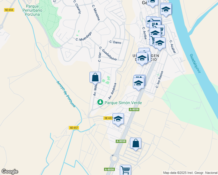 map of restaurants, bars, coffee shops, grocery stores, and more near Calle Brasil in Sevilla