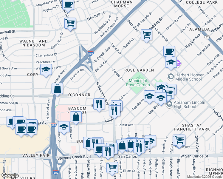 map of restaurants, bars, coffee shops, grocery stores, and more near 1871 Emory Street in San Jose