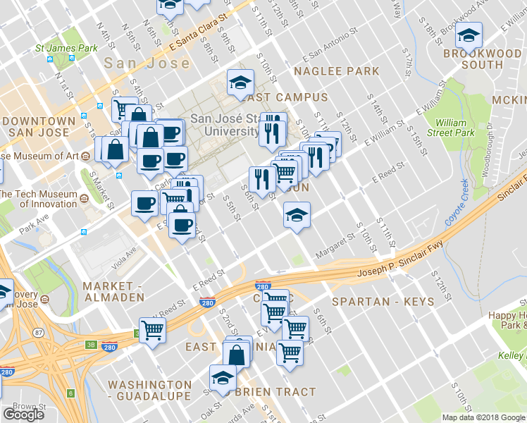 map of restaurants, bars, coffee shops, grocery stores, and more near in San Jose