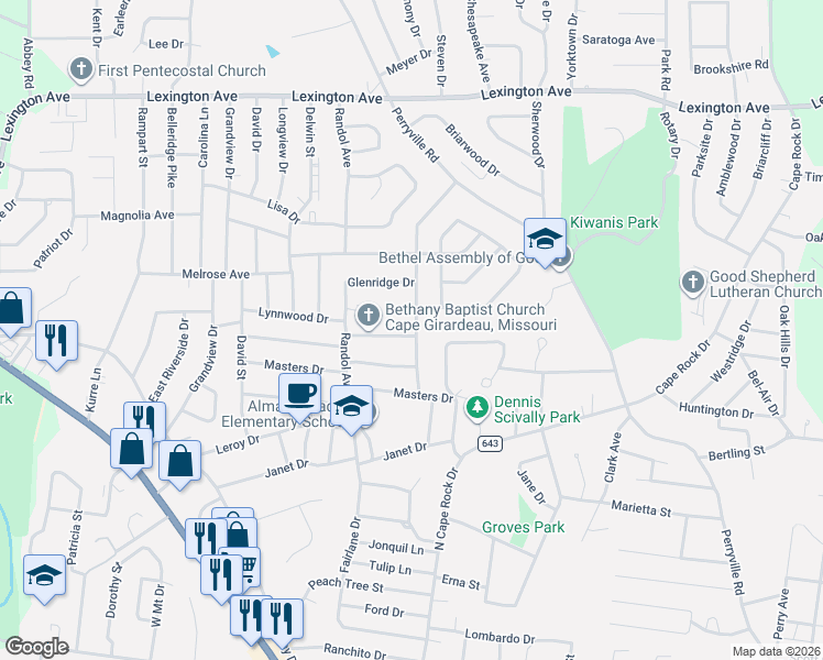 map of restaurants, bars, coffee shops, grocery stores, and more near 2409 Lynnwood Drive in Cape Girardeau