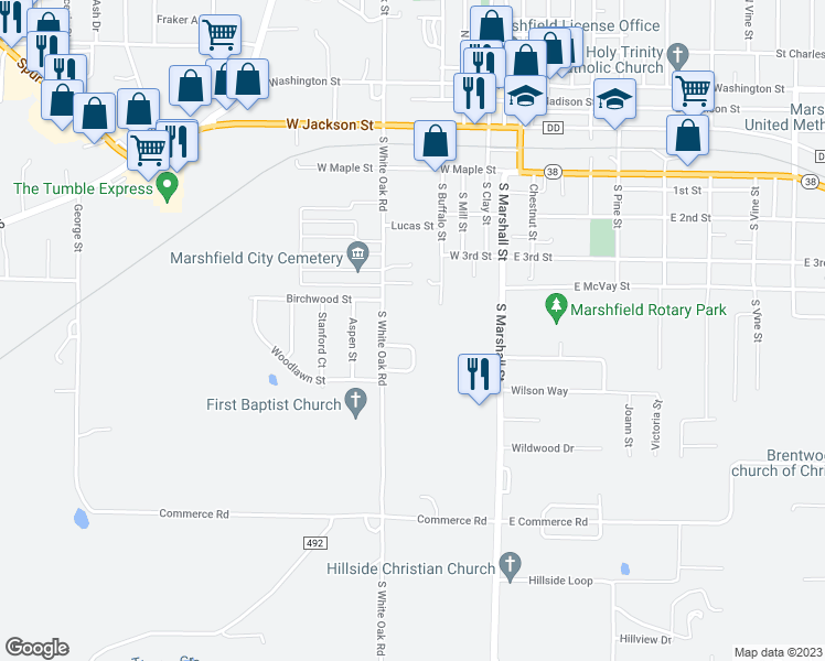 map of restaurants, bars, coffee shops, grocery stores, and more near 748 South White Oak Road in Marshfield