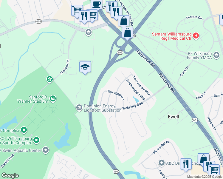 map of restaurants, bars, coffee shops, grocery stores, and more near 6276 Glenwilton Ln in Williamsburg