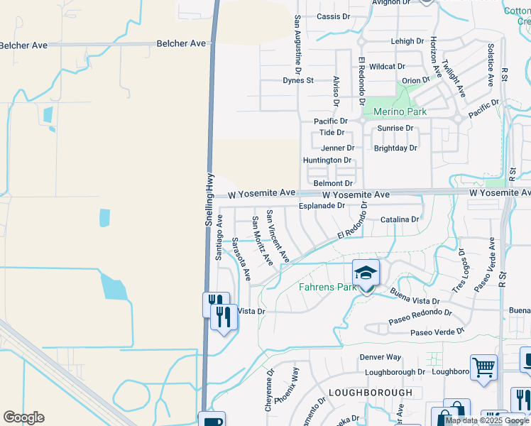 map of restaurants, bars, coffee shops, grocery stores, and more near 3593 San Vincent Avenue in Merced
