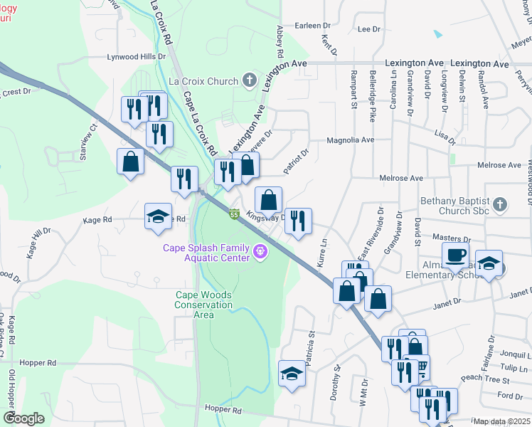 map of restaurants, bars, coffee shops, grocery stores, and more near 1501 Jessica Drive in Cape Girardeau