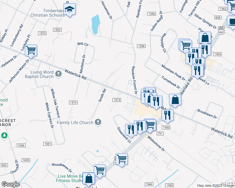 map of restaurants, bars, coffee shops, grocery stores, and more near 27 Green Hill Drive in Forest