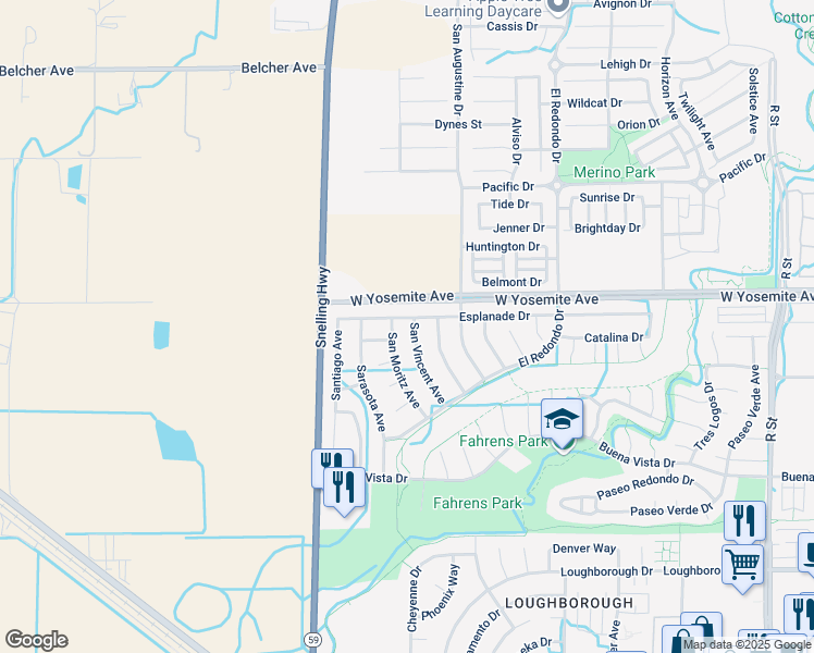 map of restaurants, bars, coffee shops, grocery stores, and more near 3593 San Vincent Avenue in Merced