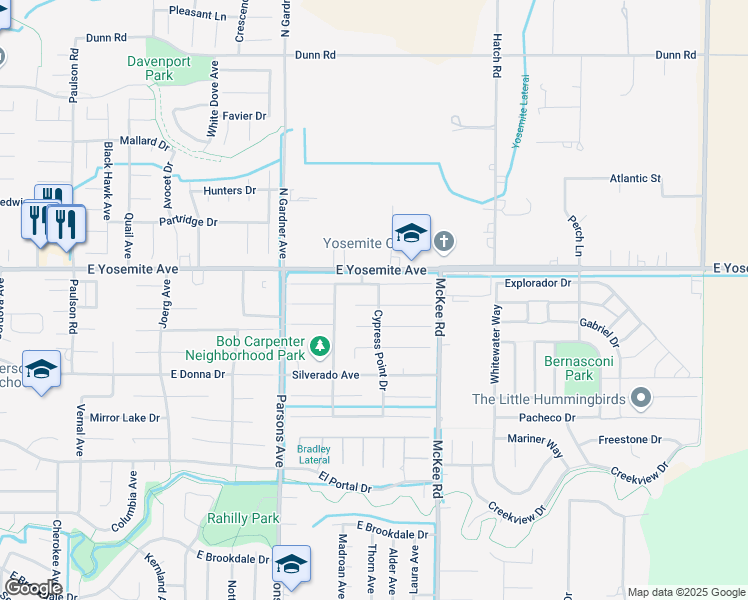 map of restaurants, bars, coffee shops, grocery stores, and more near 1995 Augusta Court in Merced
