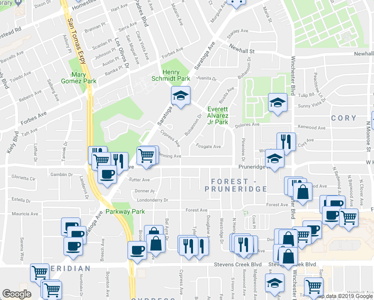 map of restaurants, bars, coffee shops, grocery stores, and more near 2381 Rosita Avenue in Santa Clara