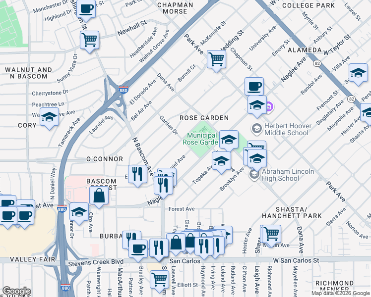 map of restaurants, bars, coffee shops, grocery stores, and more near 1773 McDaniel Avenue in San Jose