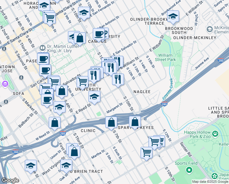 map of restaurants, bars, coffee shops, grocery stores, and more near 637 South 9th Street in San Jose