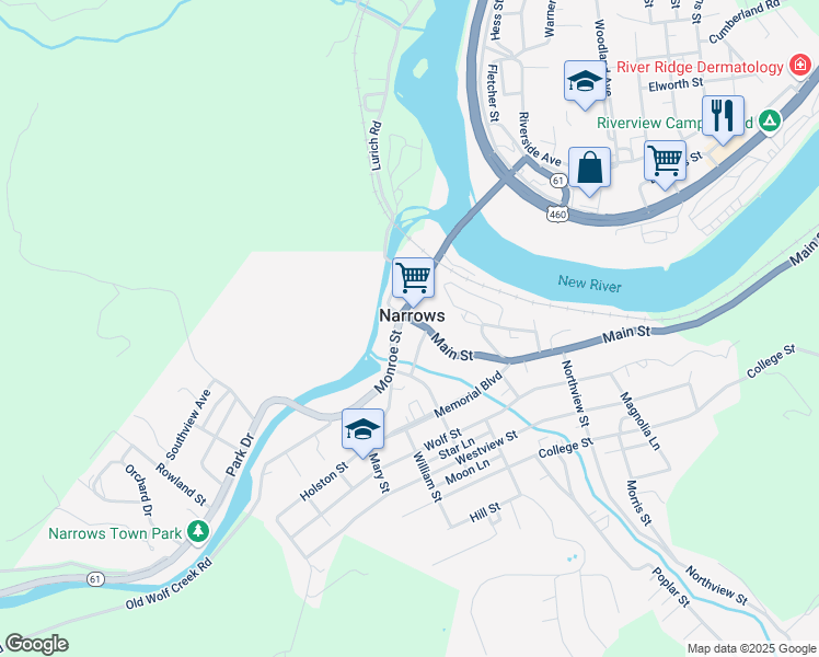 map of restaurants, bars, coffee shops, grocery stores, and more near 101-137 Center Street in Narrows