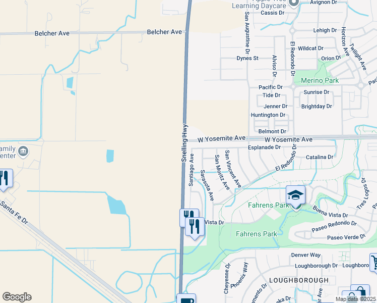 map of restaurants, bars, coffee shops, grocery stores, and more near 3583 Santiago Avenue in Merced