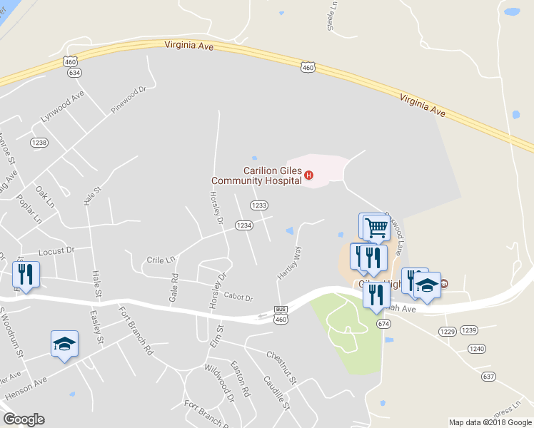 map of restaurants, bars, coffee shops, grocery stores, and more near 801 Gale Road in Pearisburg
