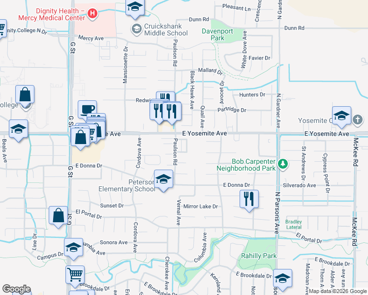 map of restaurants, bars, coffee shops, grocery stores, and more near 1046 Century Drive in Merced
