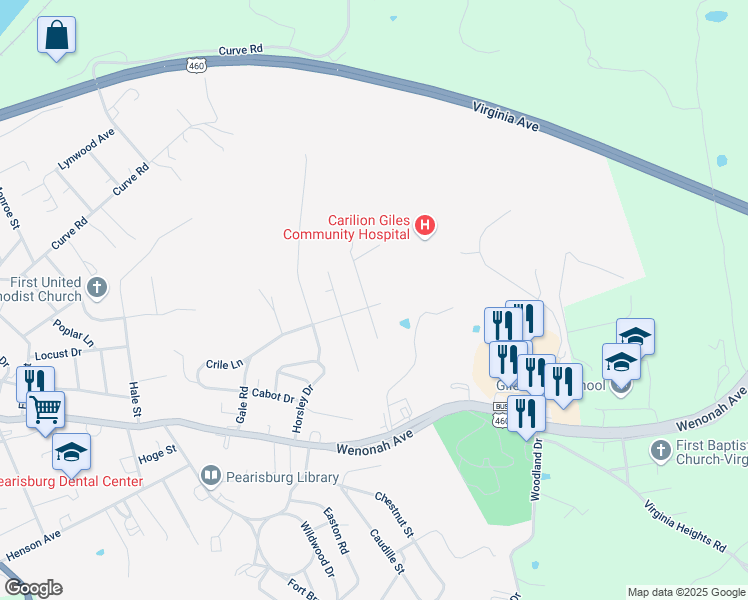map of restaurants, bars, coffee shops, grocery stores, and more near 801 Gale Road in Pearisburg