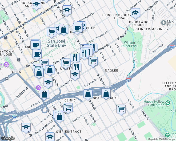 map of restaurants, bars, coffee shops, grocery stores, and more near E Reed St & S 9th St in San Jose
