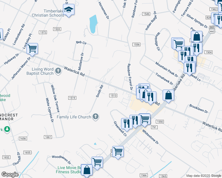map of restaurants, bars, coffee shops, grocery stores, and more near 3696 Waterlick Road in Forest