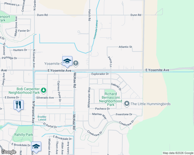 map of restaurants, bars, coffee shops, grocery stores, and more near 2333 Malaspina Drive in Merced