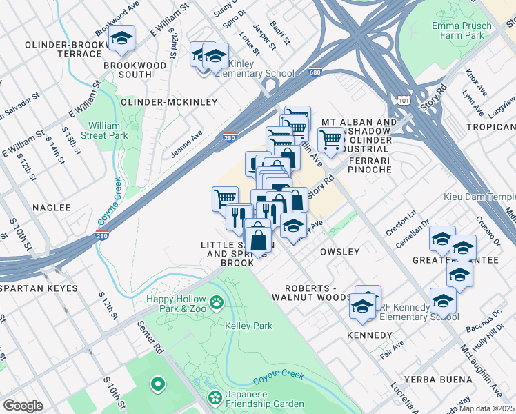 map of restaurants, bars, coffee shops, grocery stores, and more near 919 Story Road in San Jose