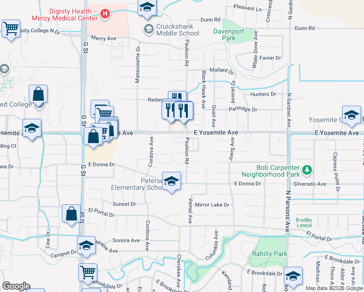 map of restaurants, bars, coffee shops, grocery stores, and more near 978 Doe Court in Merced