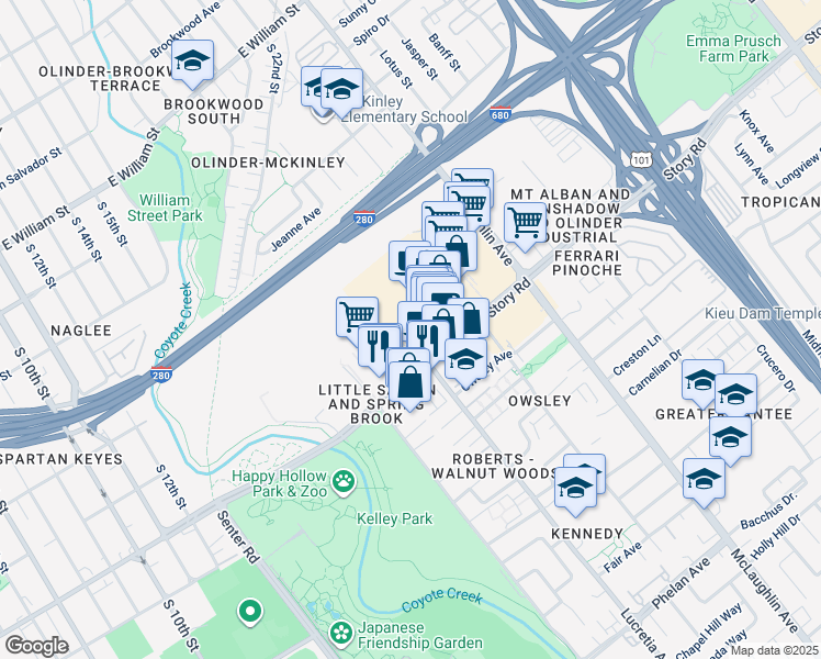 map of restaurants, bars, coffee shops, grocery stores, and more near 919 Story Road in San Jose