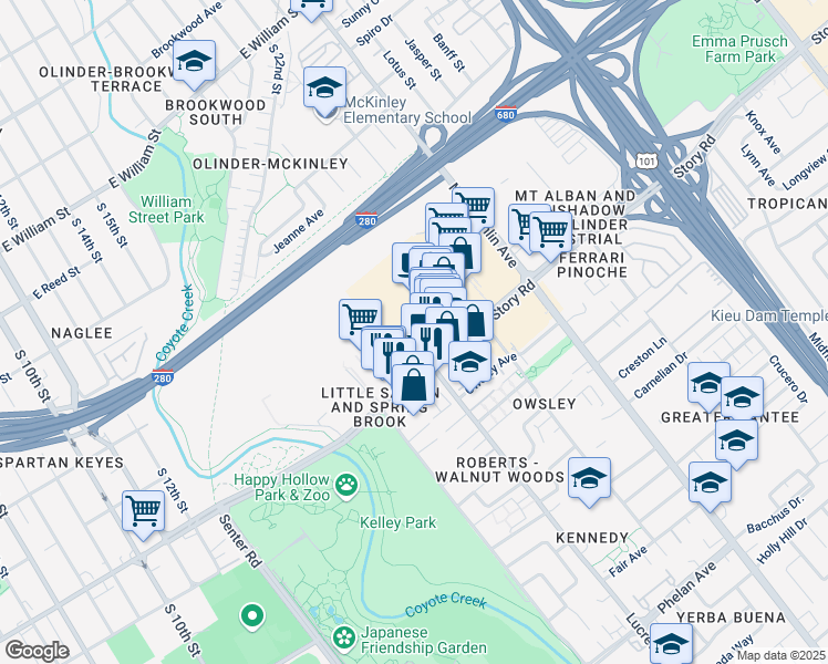 map of restaurants, bars, coffee shops, grocery stores, and more near 919 Story Road in San Jose