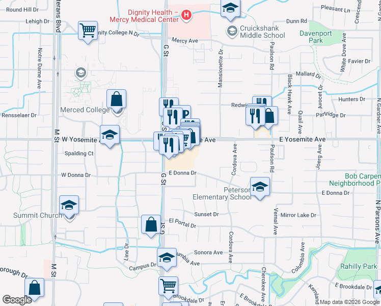 map of restaurants, bars, coffee shops, grocery stores, and more near 3560 G Street in Merced