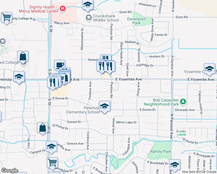 map of restaurants, bars, coffee shops, grocery stores, and more near 978 Doe Court in Merced