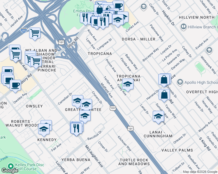 map of restaurants, bars, coffee shops, grocery stores, and more near 1610 Midfield Avenue in San Jose