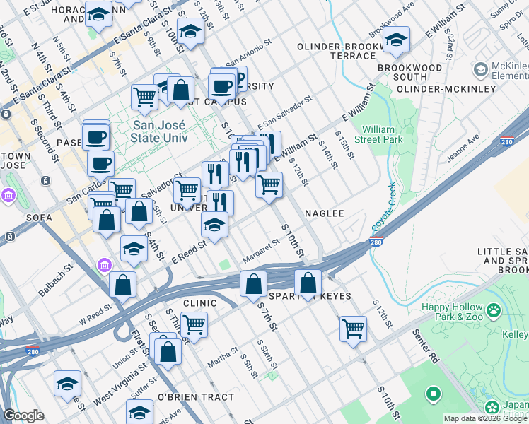 map of restaurants, bars, coffee shops, grocery stores, and more near 637 South 9th Street in San Jose