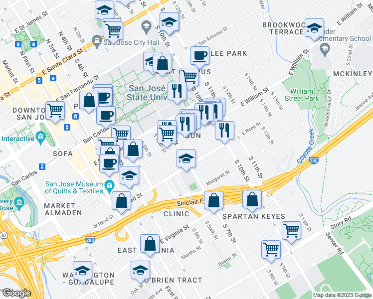 map of restaurants, bars, coffee shops, grocery stores, and more near 571 South 7th Street in San Jose