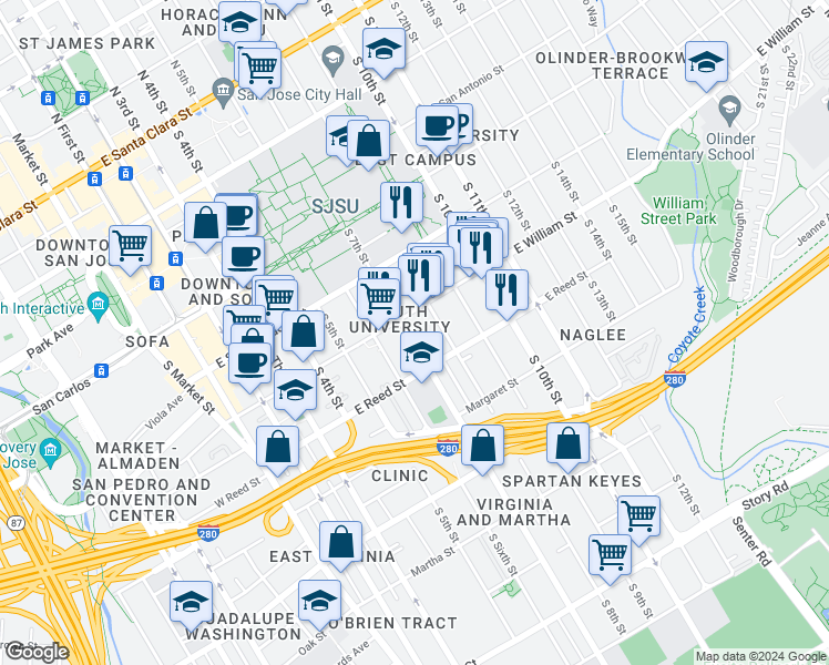 map of restaurants, bars, coffee shops, grocery stores, and more near 571 South 7th Street in San Jose