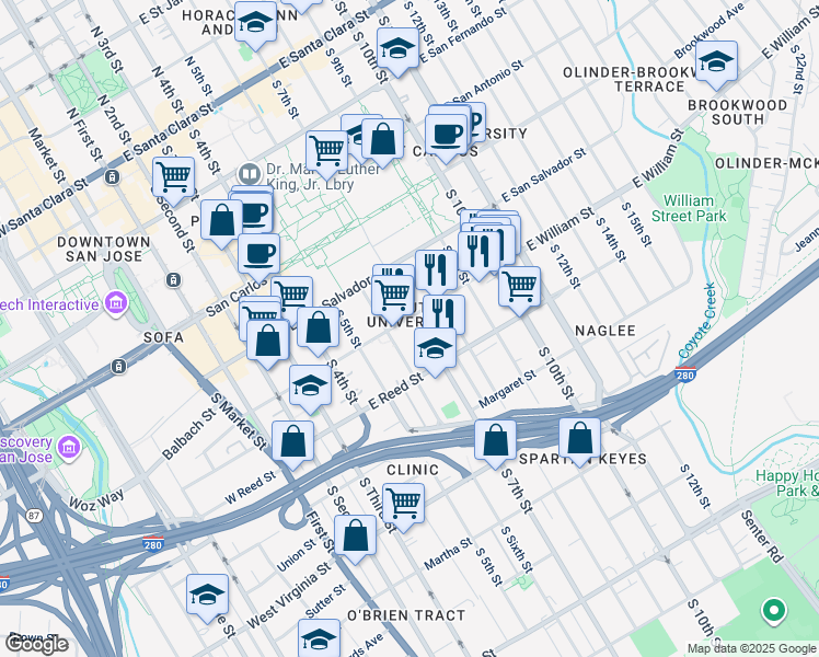 map of restaurants, bars, coffee shops, grocery stores, and more near in San Jose