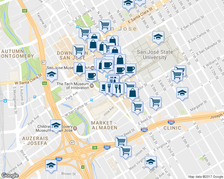 map of restaurants, bars, coffee shops, grocery stores, and more near 349 South 1st Street in San Jose