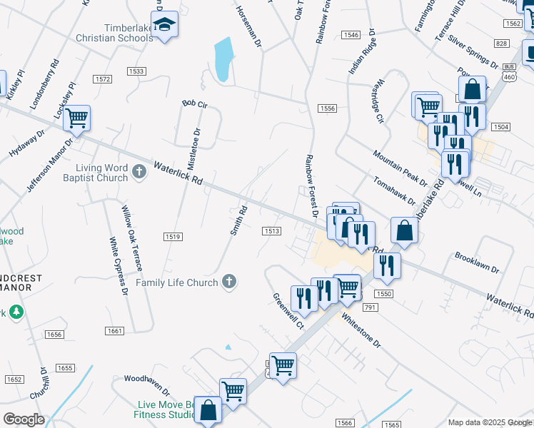map of restaurants, bars, coffee shops, grocery stores, and more near 69 Green Hill Drive in Forest