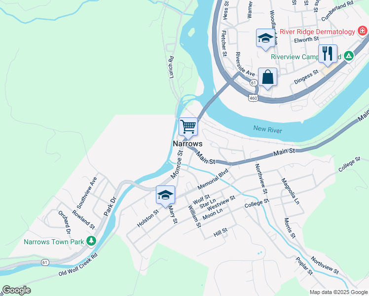 map of restaurants, bars, coffee shops, grocery stores, and more near 101-137 Center Street in Narrows