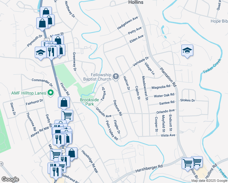 map of restaurants, bars, coffee shops, grocery stores, and more near 5643 Daytona Road in Hollins